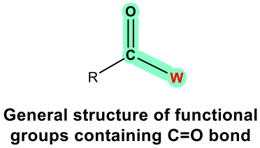 the w is to the right and r group to the left of the c with the c=o going perpendicular (R-CWO)