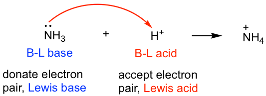 NH3 (Base BL dona pares de electrones) mientras que el (H+) (ácido BL acepta pares de electrones para crear (NH4+)