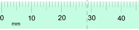Dotted line through ruler between 28 and 29 mm.
