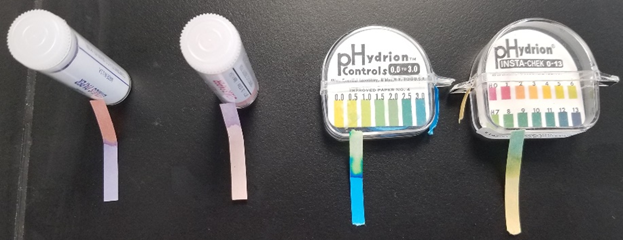 ilustración de la medición del pH usando un papel tornasol, un papel de pH de corto alcance y un papel de pH de rango completo.