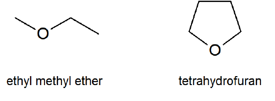 Bond line drawing of ethyl methyl ether and tetrahydrofuran. 