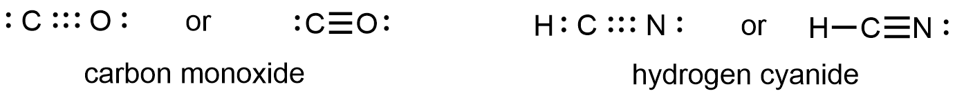 Se muestran dos pares de estructuras de Lewis. El par izquierdo de estructuras muestra un átomo de C y un átomo de O con seis puntos entre ellos y un par solitario en cada una. También se muestran la palabra “o” y la misma estructura con un triple enlace entre el átomo de C y el átomo de O. El nombre “Monóxido de carbono” está escrito debajo de estas estructuras. El par derecho de estructuras muestra un átomo de C y un átomo de N con seis puntos entre ellos, un par solitario en N y un par de enlaces entre el átomo de C y un átomo de H. También se muestran la palabra “o” y la misma estructura con un triple enlace entre el átomo de C y el átomo de N. El nombre “cianuro de hidrógeno” está escrito debajo de estas estructuras.
