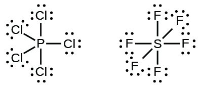 Se muestran dos estructuras de Lewis. La izquierda muestra un átomo de fósforo unido a cinco átomos de cloro, cada uno con tres pares solitarios de electrones. La derecha muestra un átomo de azufre unido a seis átomos de flúor, cada uno con tres pares solitarios de electrones.