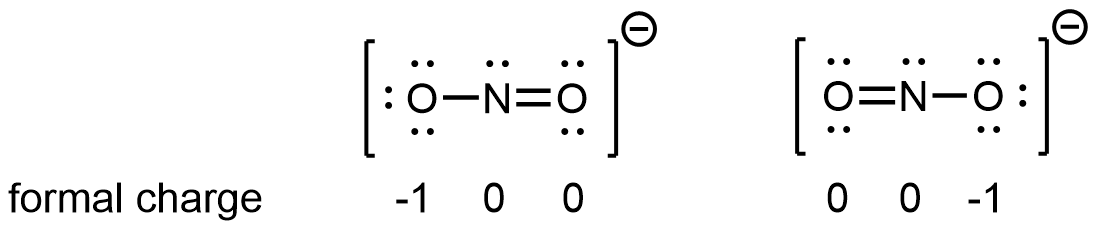 Se muestran dos estructuras de Lewis. La estructura izquierda muestra un átomo de oxígeno con tres pares solitarios de electrones unidos a un átomo de nitrógeno con un par solitario de electrones que está doblemente unido a un oxígeno con dos pares solitarios de electrones. Los corchetes rodean esta estructura, y hay un signo negativo superíndice. La estructura derecha muestra un átomo de oxígeno con dos pares solitarios de electrones unidos por doble enlace a un átomo de nitrógeno con un par solitario de electrones que está unido de manera simple a un átomo de oxígeno con tres pares solitarios de electrones. Los corchetes rodean esta estructura, y hay un signo negativo superíndice.