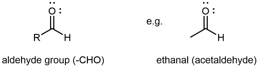 Se muestran dos estructuras. El primero es un átomo de C con un grupo R unido a la izquierda y un átomo de H a la derecha. Un átomo de O está doble enlazado por encima del átomo de C. Esta estructura está etiquetada como “grupo aldehído (-CHO)”. El segundo está etiquetado como “etanal (acetaldehído)”. Esta estructura tiene un átomo de C al que están unidos 3 átomos de H. A la derecha de este átomo de C, se une un átomo de C que tiene un átomo de O con doble enlace arriba y un átomo de H unido a la derecha. El átomo de O como dos conjuntos de puntos de electrones.