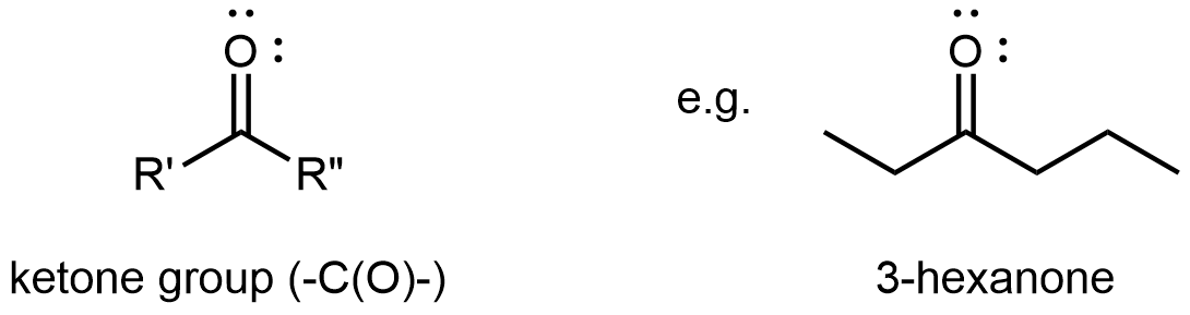 Se muestran dos estructuras. La primera estructura muestra un átomo de C con grupos R unidos a la izquierda y a la derecha. Un átomo de O está doble enlazado por encima del átomo de C. Esta estructura está etiquetada como “grupo cetona (-C (O) -)”. La segunda estructura está etiquetada como “3-hexanona”. Esta estructura tiene una cadena alquílica de seis carbonos. En el tercer átomo de C, un átomo de O tiene doble enlace. El átomo de O tiene dos conjuntos de puntos de electrones.
