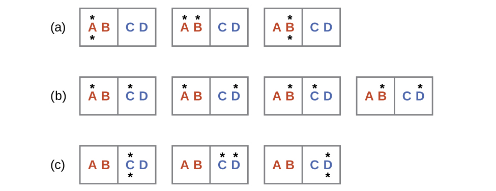 Se muestran tres filas etiquetadas a, b y c y cada una contiene rectángulos con dos lados donde el lado izquierdo está etiquetado, “A” y “B”, y el derecho está etiquetado, “C” y “D”. La fila a tiene tres rectángulos donde el primero tiene un punto por encima y por debajo de la letra A, el segundo tiene un punto por encima de A y B, y el tercero que tiene un punto por encima y por debajo de la letra B. La fila b tiene cuatro rectángulos; la primera tiene un punto por encima de A y C, la segunda tiene un punto por encima de A y D, la tercera tiene un punto por encima de B y C y el cuarto tiene un punto por encima de B y D. La fila c tiene tres rectángulos; el primero tiene un punto por encima y por debajo de la letra C, el segundo tiene un punto por encima de C y D y el tercero tiene un punto por encima y por debajo de la letra D.