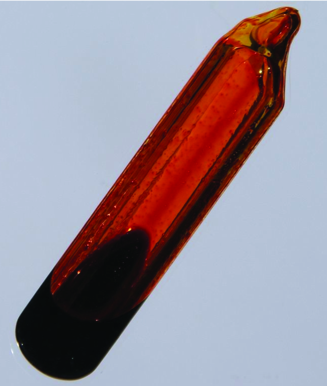 Se muestra un recipiente de vidrio que se llena con un gas naranja-marrón y una pequeña cantidad de líquido naranja oscuro.