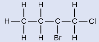 Esta estructura muestra un átomo de C unido a los átomos de H y otro átomo de C. Este segundo átomo de C está unido a dos átomos de H y otro átomo de C. Este tercer átomo de C está unido a un átomo de b r y otro átomo de C. Este cuarto átomo de C está unido a dos átomos de H y un átomo de C1.