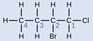 Esta estructura muestra un átomo de C unido a los átomos de H y otro átomo de C. Este segundo átomo de C está unido a dos átomos de H y otro átomo de C. Este tercer átomo de C está unido a un átomo de H, un átomo de r B y otro átomo de C. Este cuarto átomo de C está unido a dos átomos de H y un átomo de C1. Los átomos de C están numerados 4, 3, 2 y 1 de izquierda a derecha.