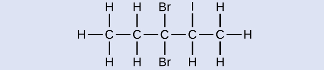 Esta figura muestra un átomo de C unido a tres átomos de H y otro átomo de C. Este segundo átomo de C está unido a dos átomos de H y un tercer átomo de C. El tercer átomo de C está unido a dos átomos de b r y un cuarto átomo de C. Este átomo de C está unido a un átomo de H, y un átomo de I, y un quinto átomo de C. Este último átomo de C está unido a tres átomos de H.