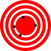 A target with 4 dots near the bullseye, but not clumped together.