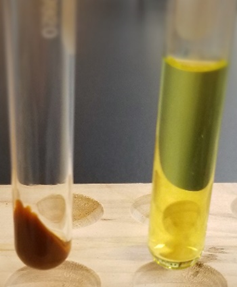 Hierro (II) oxidado a hierro (III) y precipitado como hidróxido de hierro marrón oxidado (III) y cromo (III) oxidado a iones cromato amarillos