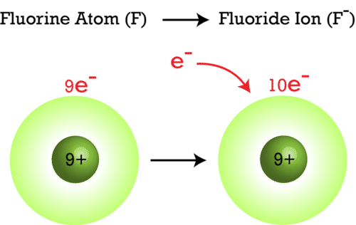 El átomo de flúor se convierte en ion fluoruro