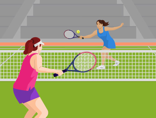 Caricatura de dos mujeres jugando al tenis.
