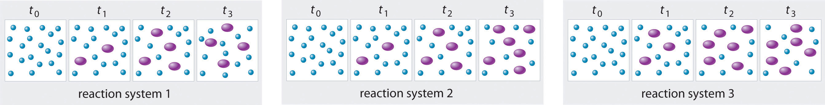 In reaction system 1 theree are four purple ovals  at t3. In reaction system 2 there are size purple ovals at t3. In reaction system systems there are six ovals at t2 and t3. 