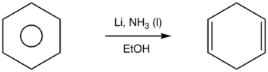Benzene reacts with Li, ammonia, and EtOH to produce cyclohexa-1,4-diene