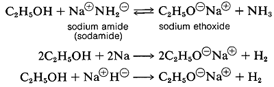 Diagram showing three reactions. Ethanol reacts with sodium amide to reach equilibrium forming sodium ethoxide and ammonia. 2 ethanol molecules react with 2 sodium atoms forming 2 sodium ethoxide molecules and hydrogen gas. Ethanol reacts with Na(+)H(-) to form sodium ethoxide and hydrogen gas.