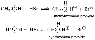 Methanol reacts with hydrobromic acid to form methyloxonium bromide. Water reacts with hydrobromic acid to form hydroxonium bromide.