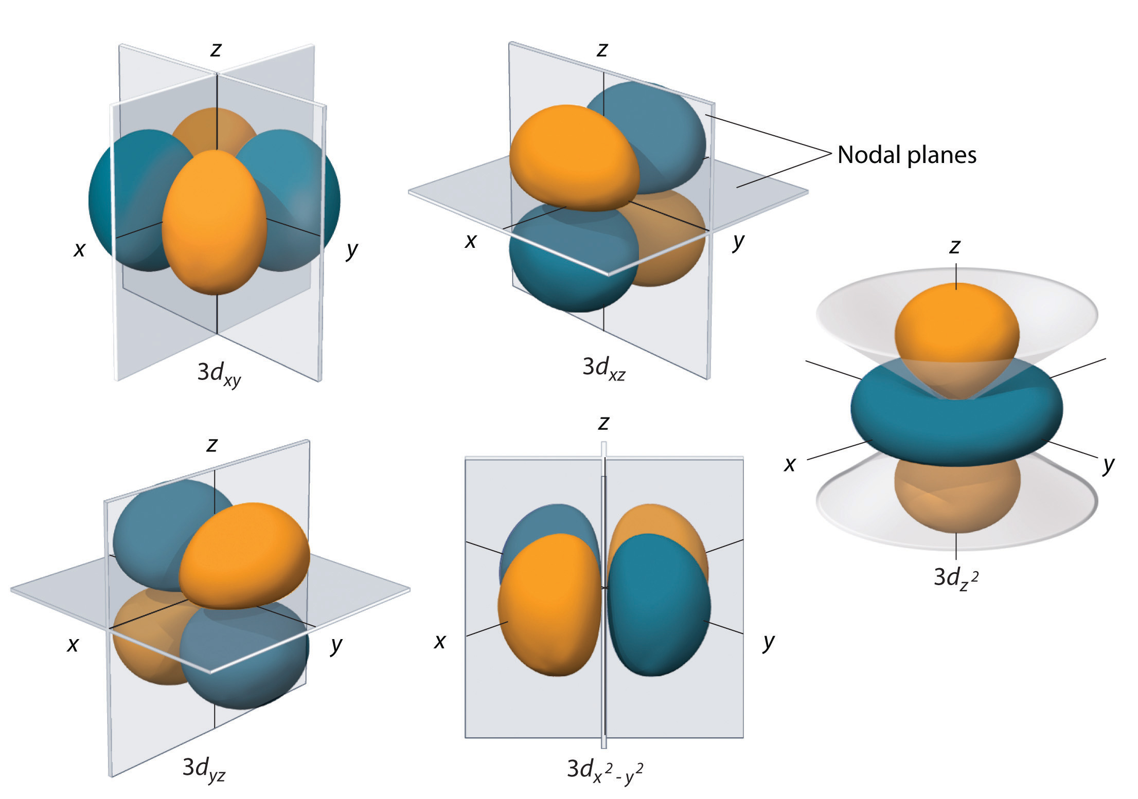 The 3 d orbitals can be broken down into 3 d x y, 3 d x z, 3 d y squared, 3 d x squared minus y squared, 3 d z squared. 