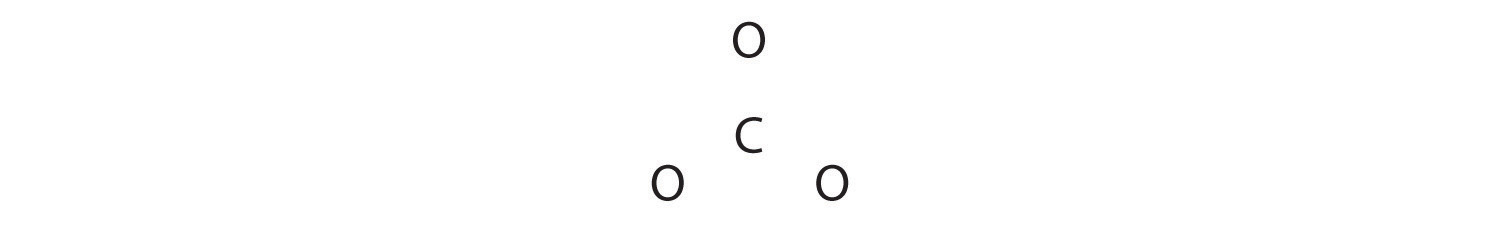 The three oxygens are drawn in the shape of a triangle with the carbon at the center of the triangle. 