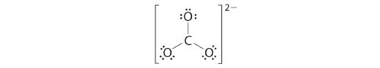 The Lewis dot structure has a central carbon that is bonded to 3 oxygens. Each oxygen has 3 lone pairs. The molecule is inside square brackets and has a charge of minus 2. 