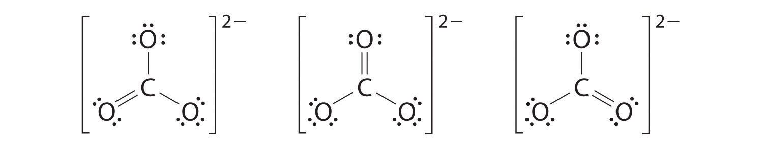 Hay tres posibles oxígenos para colocar el doble enlace en la estructura de puntos de Lewis.