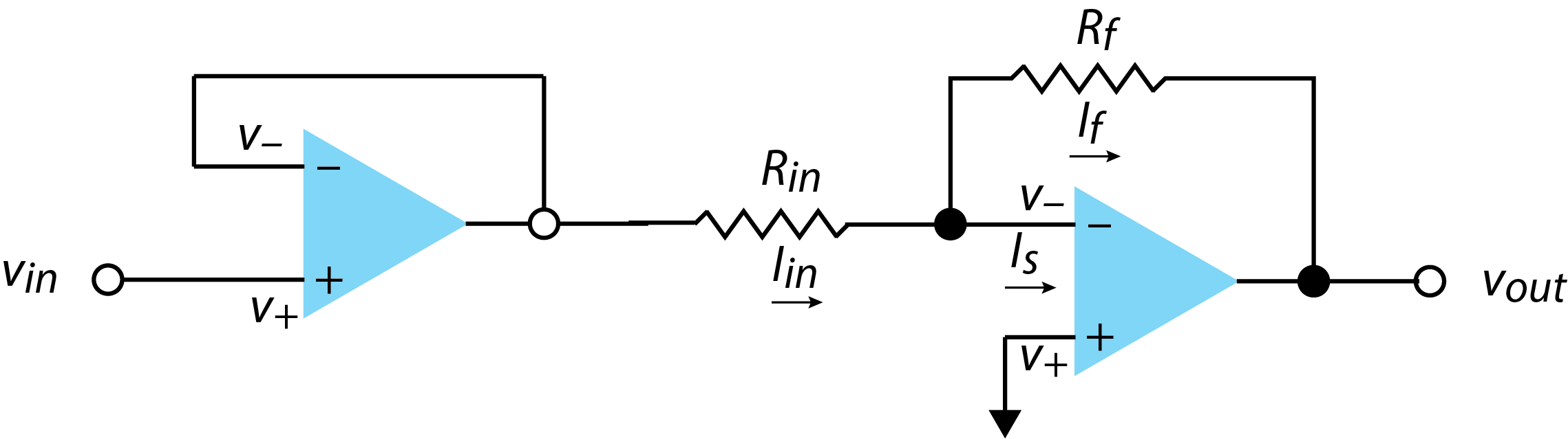 Circuit for measuring voltageusing a voltage follower and an inverting amplifier.