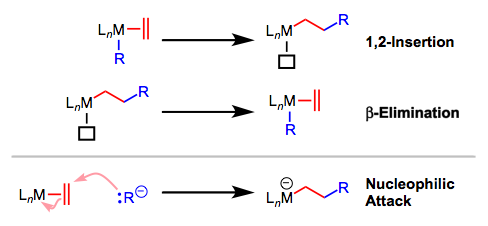 1,2-Insertion is dinstinct from nucleophilic/electrophilic attack on coordinated ligands.