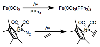 Sustituciones fotoquímicas disociativas de CO y dinitrógeno.