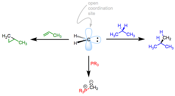 An analogy from organic chemistry. The reactivity of the carbene flows from its open coordination site.