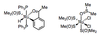 El centro blando de Ru (II) con ligandos de hidrocarbilo contiene DMSO unido a S; el Ru (II) más duro con ligandos de cloruro incluye un DMSO unido a O.