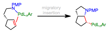 Cis-aminopaladación mediante inserción migratoria. ¡Se establecen dos nuevos enlaces con estereoespecialidad!