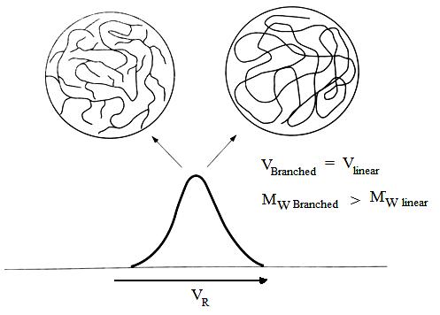 Elución SEC de muestras lineales y ramificadas de volúmenes hidrodinámicos similares, pero diferentes pesos moleculares
