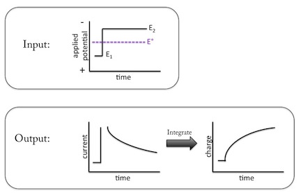 Etapa de potencial de entrada (a) y transferencia de carga de salida (b) como se usa en cronocoulometría.