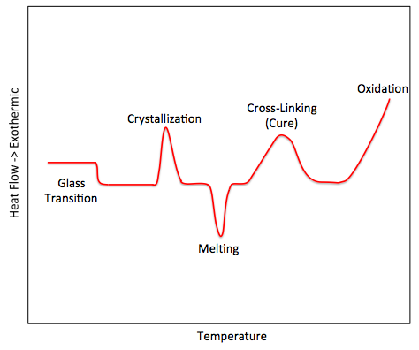 An idealized DSC curve showing the shapes associated with particular phase transitions.