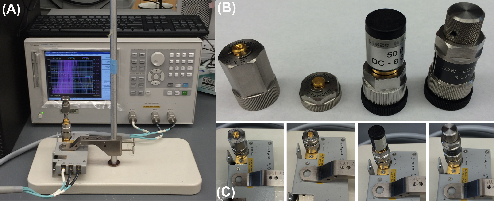 Impedance analyzer calibration (A) Agilent E4991A impedance analyzer connected to 85070E dielectric probe. (B) Calibrations standards (left-to-right: open circuit, short circuit, 50 ohm load, low-loss capacitor), (C) Attachment of the open circuit, short circuit, 50 ohm load, and low-loss capacitor (left-to-right, respectively).