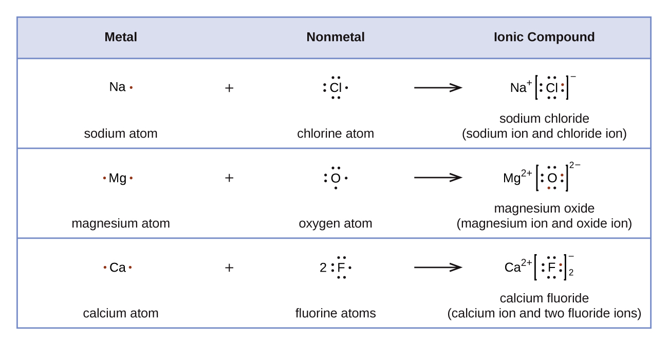 Sodium has one valence electron while chlorine has seven valence electrons. They react to from sodium chloride. Magnesium has two valence electrons and oxygen has six valence electrons. Together they form magnesium oxide. Calcium has two valnece electrons and fluroine has seven valence electrons. Calcium reacts with two molecules of fluorine to produce calcium fluoride. 