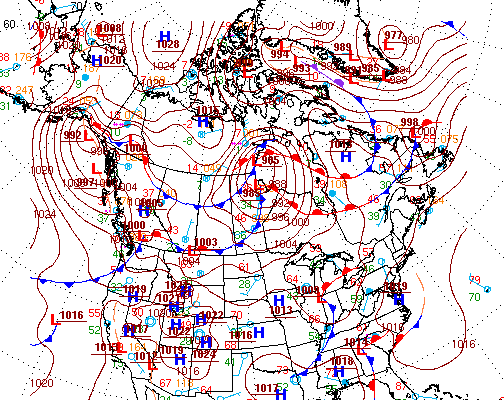 Weather map of North America showing high and low pressure regions. 