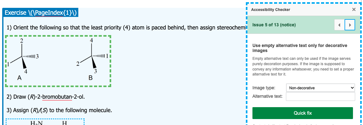 The Accessibility Checker reports an empty alt for an image and requests user input for a quick fix.
