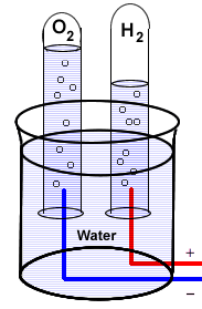 Electrophoresis  setup of water showing volume of Hydrogen at positive electrode is twice that of Oxygen formed at negative electrode