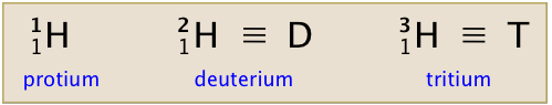 El hidrógeno con 0 neutrones se llama protio, un neutrón deuterio (símbolo D) y dos neutrones es tritio (símbolo T)