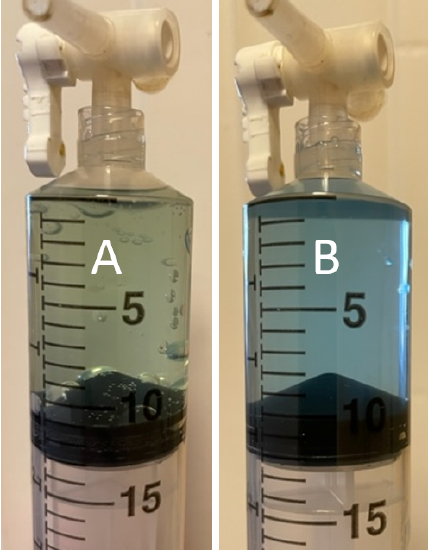 A (left) shows the green tint of the sparkling water with indicator. B (right) shows the blue tint of the flat water with indicator.