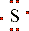 Lewis structure of sulfur showing 2 electrons above S, 2 electrons on the right side, 2 electrons below, and a single electron to the left of S.
