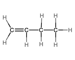Image A shows a structural diagram of four carbon atoms bonded together into a chain. The two carbon atoms on the left form a double bond with each other. All of the remaining carbon atoms form single bonds with each other. The leftmost carbon also forms single bonds with two hydrogen. The second carbon in the chain forms a single bond with a hydrogen atom. The third carbon in the chain forms a single bond with two hydrogen atoms each. The rightmost carbon forms a single bond with three hydrogen atoms each.