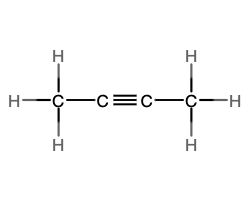 Image B shows a structural diagram of a molecule that has a chain of four carbon atoms. The leftmost carbon atom forms a single bond with three hydrogen atoms each and single bond with the second carbon atom. The second carbon atom forms a triple bond with the third carbon atom. The third carbon atom forms a single bond to the fourth carbon atom. The fourth carbon atom forms a single bond to three hydrogen atoms each. 