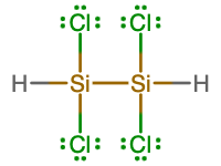 Image C shows a structural diagram of two silicon atoms are bonded together with a single bond. Each of the silicon atoms form single bonds to two chlorine atoms each and one hydrogen atom. 