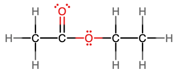 Image B shows a structural diagram containing a leftmost carbon that forms single bonds to three hydrogen atoms each. This leftmost carbon also forms a single bond to a second carbon atom. The second carbon atom forms a double bond with an oxygen atom. The second carbon also forms a single bond to a second oxygen atom. This oxygen atom forms a single bond to a third carbon atom. This third carbon atom forms single bonds with two hydrogen atoms each as well as a single bond with another carbon atom. The rightmost carbon atom forms a single bond with three hydrogen atoms each. 
