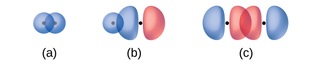 Three diagrams are shown and labeled &ldquo;a,&rdquo; &ldquo;b,&rdquo; and &ldquo;c.&rdquo; Diagram a shows two spherical orbitals lying side by side and overlapping. Diagram b shows one spherical and one peanut-shaped orbital lying near one another so that the spherical orbital overlaps with one end of the peanut-shaped orbital. Diagram c shows two peanut-shaped orbitals lying end to end so that one end of each orbital overlaps the other.