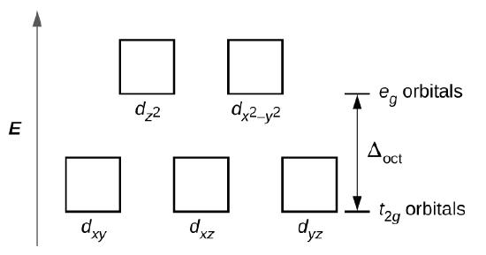 A diagram is shown with a vertical arrow pointing upward along the height of the diagram at its left side. This arrow is labeled, “E.” to the right of this arrow are two rows of squares outlined in yellow. The first row has three evenly spaced squares labeled left to right, “d subscript ( x y ),” “d subscript ( x z ),” and, “d subscript ( y z ).” The second row is positioned just above the first and includes two evenly spaced squares labeled, “d subscript ( z superscript 2 ),” and, “d subscript ( x superscript 2 minus y superscript 2 ).” At the right end of the diagram, a short horizontal line segment is drawn just right of the lower side of the rightmost square. A double sided arrow extends from this line segment to a second horizontal line segment directly above the first and right of the lower side of the squares in the second row. The arrow is labeled “ capital delta subscript oct.”. The lower horizontal line segment is similarly labeled “t subscript 2 g orbitals” and the upper line segment is labeled “e subscript g orbitals.”